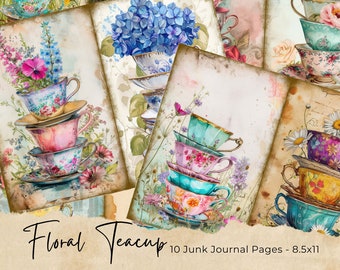 Floral junk journal, Teacup Junk Journal, Vintage Roses Junk Journal Kit, Junk Journal Printable Paper, Digital Collage Instant Download