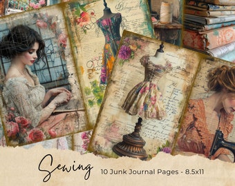 Pages de carnet de couture vintage, kit de papier de scrapbooking numérique, impression victorienne, feuille de collage de dentelle, éphémères de machine à coudre, couturière