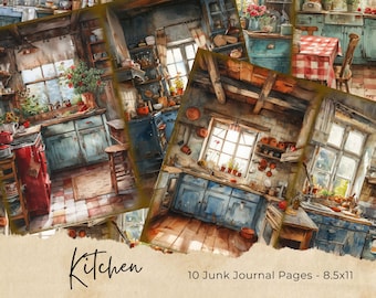 May include: Ten digital printable pages featuring watercolor illustrations of a rustic kitchen with blue cabinets, wooden beams, and windows with views of a garden. The pages are 8.5x11 inches and are perfect for junk journaling.