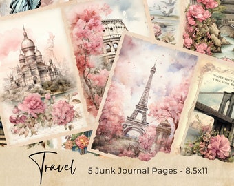 Puede incluir: Cinco páginas imprimibles de diario de chatarra con imágenes de temática de viajes. Las páginas incluyen un diseño floral rosa, un avión vintage, la Torre Eiffel, la Estatua de la Libertad y un puente.