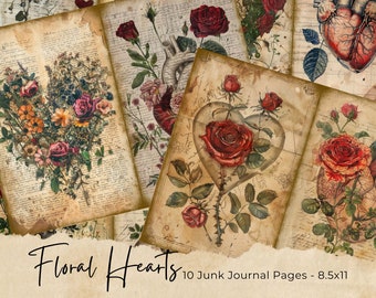 Romantic Junk Journal Kit | Vintage Rustic Shabby Chic Hearts | Junk Journal Pages | Scrapbook Paper | Card Making | Crafts | Collage