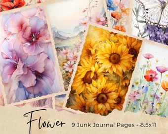 Watercolor Wildflowers Junk Journal Printable Page, Flowers Junk Journal Kit, Junk Journal Paper Digital Collage Sheet, Instant Download