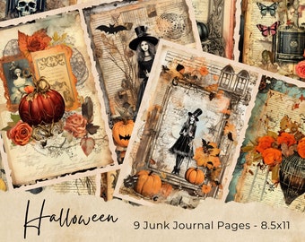 Halloween Junk Journal Pages, Digital Scrapbook Paper Kit, Spooky Gothic Printable, Vintage Ephemera, Pumpkin Collage Sheet, Grimoire BOS