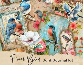 Vintage Bird Junk Journal Kit, Digital Floral Scrapbook Paper Kit, Printable Collage Sheet, Antique Animal Pages, Spring Flower Ephemera