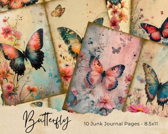 Könnte beinhalten: Zehn digitale druckbare Seiten mit Aquarell-Schmetterlingen und Blumen auf einem Vintage-Hintergrund. Die Seiten sind 8,5 x 11 Zoll groß und perfekt für Junk Journaling.