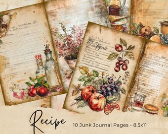 Kit de diario basura, receta, efímera, desgastada, vintage, escrita a mano, tarjetas, libro, Día de la Madre, descarga digital, imprimible, páginas de basura de cocina