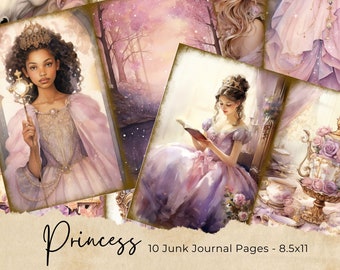 Princess Junk Journal Kit, Digital Download, Printable Pages, Ephemera, Bookmarks, ATC Cards, Scrapbook Supplies, Pink, Gold