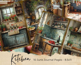Puede incluir: Diez páginas de diario de chatarra imprimibles con escenas de cocina vintage. Las páginas miden 8,5 pulgadas por 11 pulgadas y presentan imágenes de una cocina rústica con un fregadero, gabinetes y estantes. Las páginas son perfectas para agregar a tu diario de chatarra o usar para otros proyectos de manualidades.