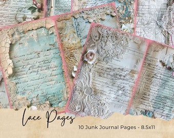 Vintage Lace Junk Journal Pages, Digital Grunge Scrapbook Paper, Printable Collage Sheet, Antique Distressed Paper, White Lace Ephemera