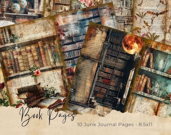 May include: Ten digital printable pages featuring vintage book pages with images of bookshelves, flowers, and a full moon. The pages are designed for use in junk journals and measure 8.5 x 11 inches.