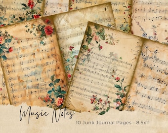 Vintage Music Junk Journal Pages, Digital Scrapbook Paper Kit, Musical Instruments Printable, Collage Sheet, Sheet Music Ephemera, Old Piano