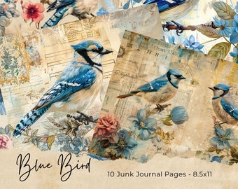 Blue Jay Birds and Flowers Junk Journal Kit Floral Vintage Ephemera Journal Birds Digital Paper for Scrapbooking Printable Collage Sheets