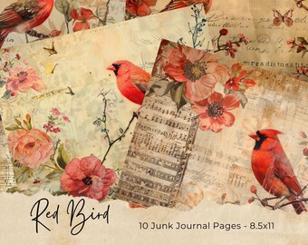 Red Birds and Flowers Junk Journal Kit Floral Vintage Ephemera Journal Birds Digital Paper for Scrapbooking Printable Collage Sheets