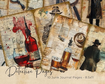 Páginas de diario de detectives vintage, kit de papel digital para álbumes de recortes, imprimible de investigación criminal, archivo de caso misterioso, hoja de collage victoriano