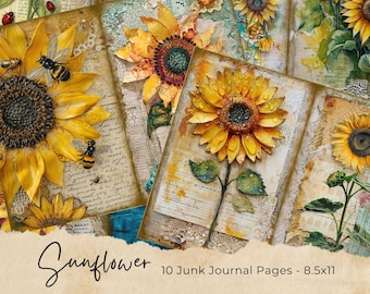 May include: Ten digital printable pages featuring sunflower designs in various styles. The pages are perfect for adding to a junk journal or other paper crafts. The pages are 8.5 inches by 11 inches.