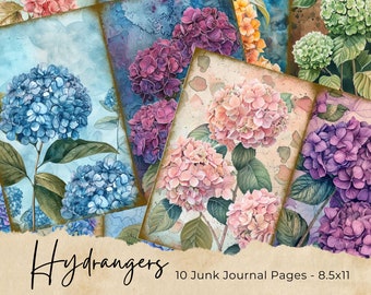 Op de afbeelding: Tien digitale afdrukbare pagina's met aquarel illustraties van hortensia's in verschillende kleuren, waaronder blauw, roze, paars en groen. De tekst "Hydrangeas 10 Junk Journal Pages - 8.5x11" staat onderaan de afbeelding.