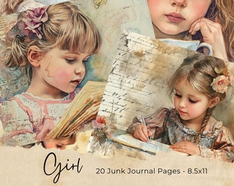 Little Girl Junk Journal Pages, Full Page Junk Journal Kit, Digital Papers, Printable Ephemera, Digital Journal Kit, Victorian Girl Journal