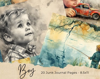 May include: A set of 20 junk journal pages featuring watercolor illustrations of boys and nature scenes. The pages are 8.5 inches by 11 inches.