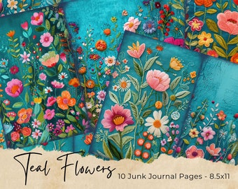 Páginas de diario basura / Bordado de primavera / Flores caprichosas / Paquete de papel digital / Materiales para scrapbooking / Decoupage / Manualidades / Bricolaje