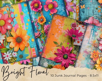 Páginas de diario basura / Bordado de primavera / Flores caprichosas / Paquete de papel digital / Materiales para scrapbooking / Decoupage / Manualidades / Bricolaje