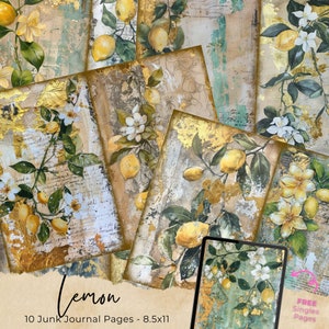 Lemon Junk Journal Pages, Digital Watercolor Scrapbook Paper, Printable Collage Sheet, Summer Fruit Craft Kit, Vintage Ephemera, Journaling