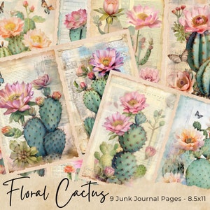 Kit de diario basura de cactus, páginas de diario suculento de cactus de acuarela, papel imprimible de diario basura, hoja de collage digital, descarga instantánea