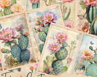 Cactus Junk Journal Kit, Watercolor Cactus Succulent Journal Pages, Junk Journal Printable Paper, Digital Collage Sheet, Instant Download