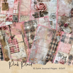 Rosa karierte Junk Journal Seiten, Digitale Papiere, Printable Journal Seiten, Scrapbook Karten, Papiermodell, Shabby Chic Textilien, Hintergrund