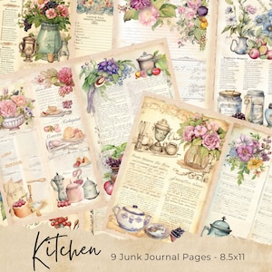 Diário de lixo de cozinha para impressão, páginas de diário de lixo de cozinha vintage, kit de papel de scrapbook digital, livro de receitas para impressão, folha de colagem vitoriana