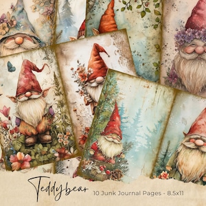 Pages de journal indésirable gnomes, kit de papier de scrapbooking numérique, impression de la forêt, feuille de collage de nain de jardin, éphémères vintage, téléchargement de forêt