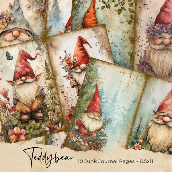 Gnomes Junk Journal Pages, Digital Scrapbook Paper Kit, Woodland Printable, Garden Gnome Collage Sheet, Vintage Ephemera, Forest Download