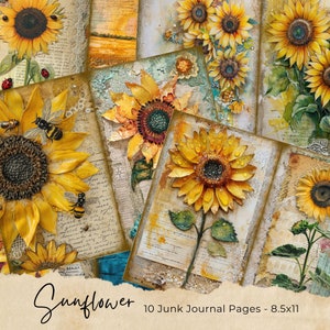 Pages de journal indésirable tournesols, kit vintage de journal indésirable tournesols, journal indésirable papier imprimable, feuille de collage numérique, téléchargement immédiat