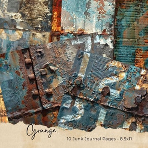 May include: A collage of 10 digital paper pages featuring grunge textures in shades of blue, brown, and rust. The pages are designed for junk journaling and measure 8.5x11 inches.
