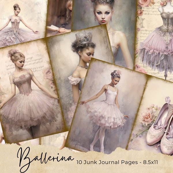 Ballet Junk Journal Pages, Digital Floral Collage Sheet, Printable Scrapbook Kit, Shabby Chic Rose, Vintage Ephemera, Ballerina Theme Paper