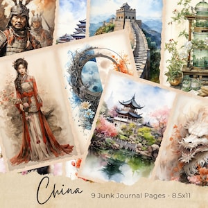 Chinese thema ongewenste dagboekpagina, vintage China-landschap afdrukbaar, digitaal collage dagboekblad, dagboekbladen, vintage ephemera