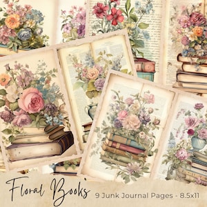 Watercolor Flowers and Books Junk Journal Printable Page, Books Junk Journal Kit, Junk Journal Paper Digital Collage Sheet, Instant Download