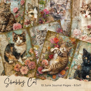 Page imprimable de journal indésirable chat aquarelle, kit de journal indésirable chaton avec fleurs, feuille de collage numérique papier journal indésirable, téléchargement immédiat