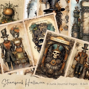 Halloween Steampunk Junk Journal Seiten, Digitales Scrapbook Papier Kit, gruseliges Gothic zum Ausdrucken, Vintage Ephemera, Kürbis Collage Sheet