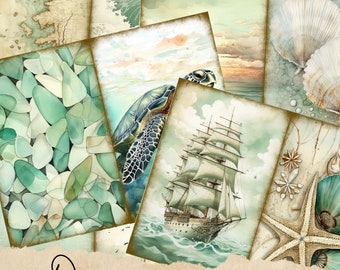 Vintage Beach Junk Journal Pages, Digital Beach Themed Scrapbook Paper, Printable Coastal Collage Sheet, Vintage Nautical Junk Journal Kit