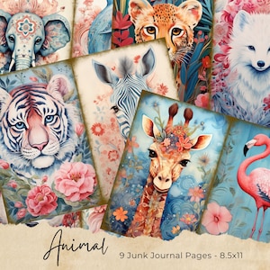 Floral Animal Journaling Cards, Digital Junk Journal Ephemera, Printable Scrapbook Paper Kit, Woodland Collage Sheet, Victorian Page