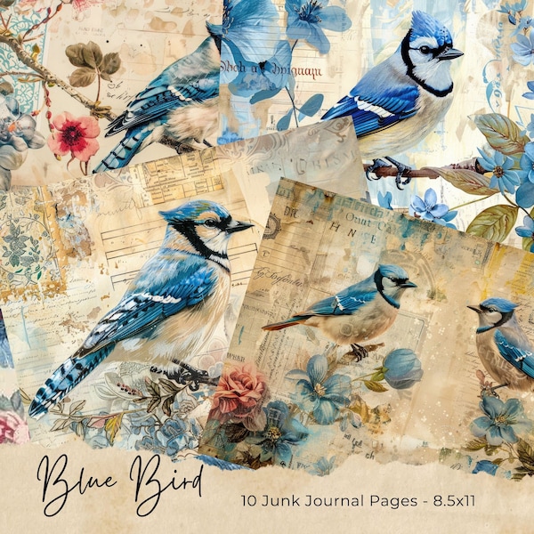 Kit de journal indésirable geai bleu oiseaux et fleurs Journal floral vintage éphémère oiseaux papier numérique pour scrapbooking feuilles de collage imprimable