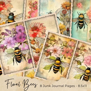 Watercolor Bee Junk Journal Pages, Vintage Bee Junk Journal Kit, Junk Journal Paper, Digital Collage Sheet, Instant Download