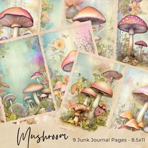 Pages de journal champignons, papier pour journal numérique champignons, kit imprimable scrapbooking jardin, feuille de collage champignon vénéneux, éphémères botaniques vintage