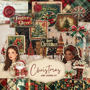 Christmas Junk Journal Kit, Vintage Merry Christmas Junk Journal Pages, Santa Scene Junk Journal Printable Paper, Digital Collage Sheet