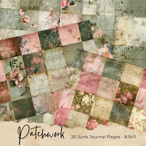 Páginas de diário de lixo de colcha de retalhos | Meios papéis imprimíveis | Kit Digital de Revista | Álbum de recortes | Cartões | Artesanato | Têxtil Shabby Chic