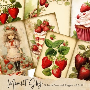 Páginas de diario basura de fresa, papel de álbum de recortes digital, hoja de collage imprimible, efímera vintage, kit de frutas de verano, descarga botánica