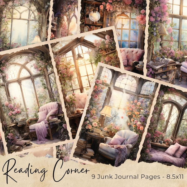 Cozy Reading Nook Junk Journal Pages, Digital Book Ephemera, Printable Plant Collage Sheet, Vintage Scrapbook Paper Kit, Cottagecore Pages