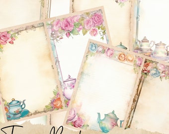 Könnte beinhalten: Eine Sammlung von neun Junk-Journal-Seiten im Vintage-Stil, jede mit einem floralen Rand aus rosa und blauen Rosen, Teetassen und dekorativen Rahmen. Die Seiten sind 21,59 x 27,94 cm groß und haben ein liniertes Papierdesign. Der Text "Teacup Border" steht unten.