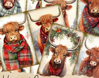 Highland Cow Christmas Junk Journal Digital Papers, HighlandCow Printable Journal Pages, Journaling Papers, Digital Download, Card Making