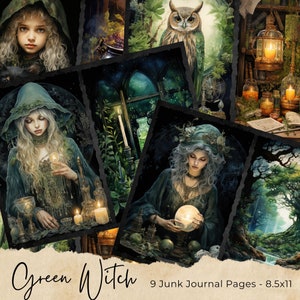 Groene heks ongewenste dagboekpagina's, digitale plakboekkit, afdrukbaar spreukenboek, collageblad toverdrank, kortstondige hekserij, fantasienatuur